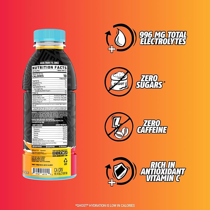 GHOST Hydration Drink, Strawbango - RTD Sports Drink with Electrolytes, Natural Vitamins & Minerals - All Day Lifestyle Hydration Beverage - Zero Caffeine & Zero Sugars - 16.9 Fl Oz, 12 Pack
