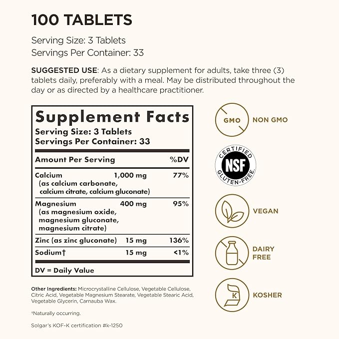 Solgar Calcium Magnesium Plus Zinc, 100 Tablets - Promotes Healthy Bones and Teeth - Supports Nerve & Muscle Function - Non-GMO, Vegan, Gluten Free, Dairy Free, Kosher - 33 Servings