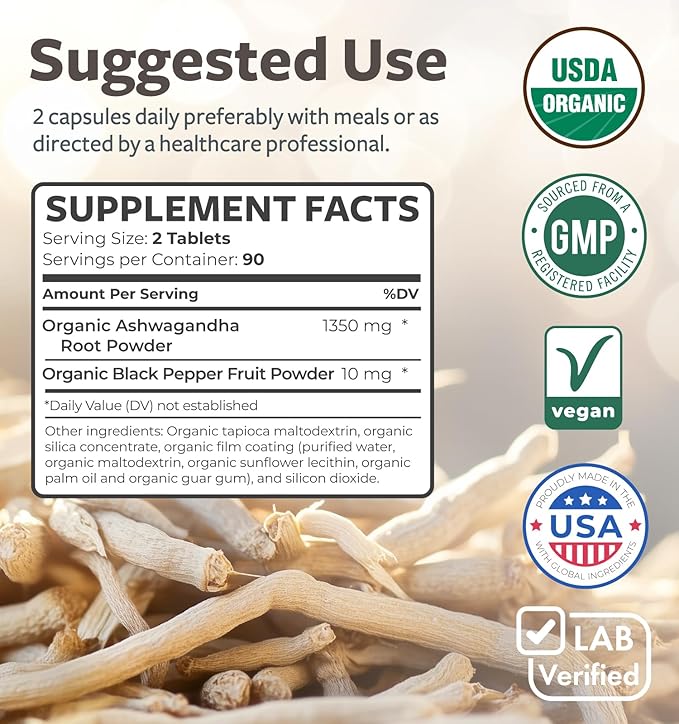 USDA Organic Ashwagandha Supplement - High Potency Ashwagandha Pills Made With Organic Black Pepper for Enhanced Absorption - Vegan Non-GMO Made in the USA & Lab Verified (3 Months Supply)