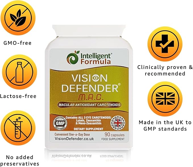 Vision Defender MAC Eye Supplement: Lutein, Zeaxanthin & Meso-Zeaxanthin Triple Antioxidant Carotenoids for Eye Health and Eyesight (90 Capsules/One Capsule Daily) Made in UK