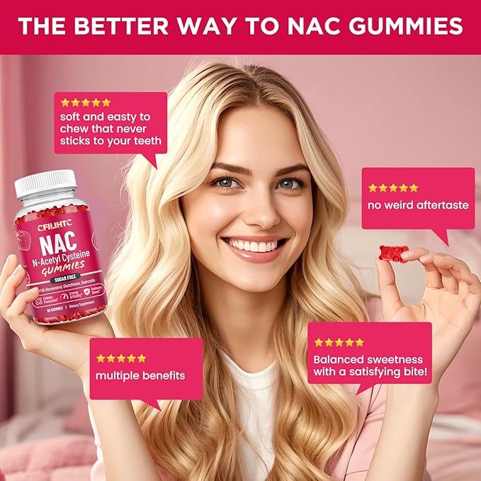 NAC Gummies 600mg, N Acetyl Cysteine Supplement with Glutathione, Resveratrol, Magnesium, CoQ10, NAC Chewable for Antioxidants & Immune Support, Strawberry Flavor 60 Gummies