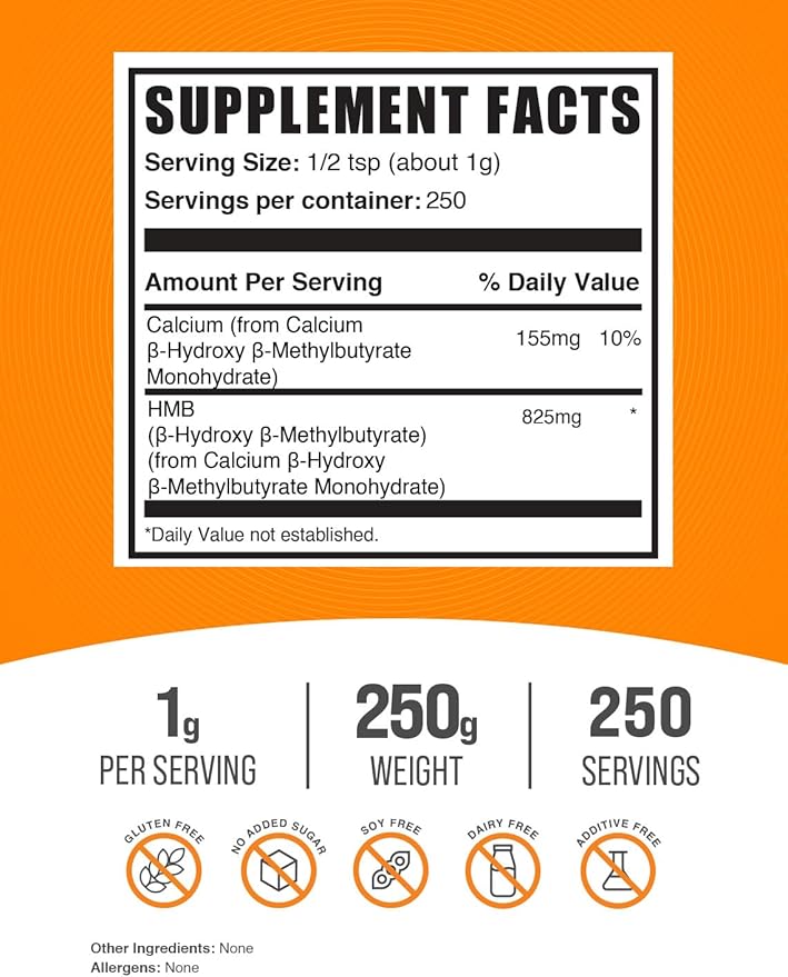 BulkSupplements.com HMB Powder - as Calcium HMB, Beta-Hydroxy Beta-Methylbutyrate - HMB Powder Supplements, Gluten Free - 1g per Serving, 250g (8.8 oz) (Pack of 1)