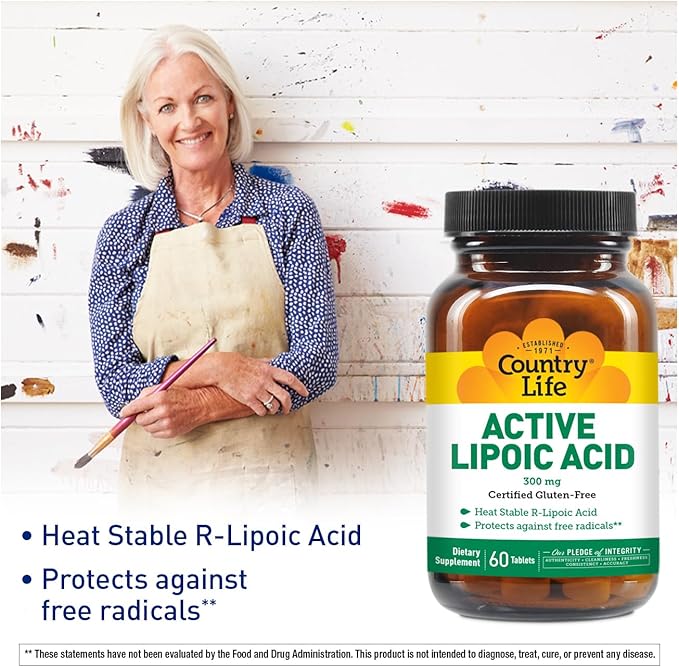 Country Life R-Alpha Lipoic Acid Complex 300mg - Alpha-Lipoic Acid 270mg & R-Lipoic Acid 30mg - Antioxidant Support - No Yeast, Corn, Wheat, Soy, Gluten, Milk - Alpha Lipoic Acid Supplement
