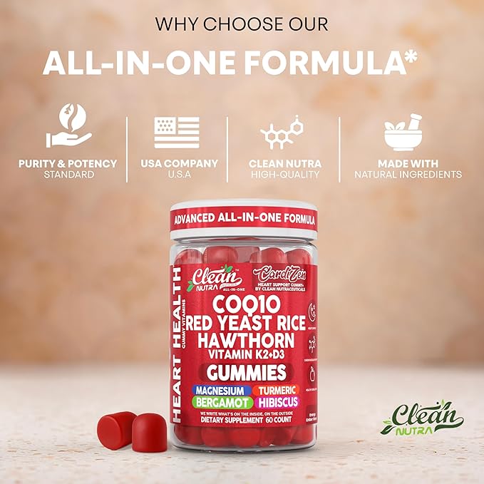 Clean Nutra CoQ10 Gummies Red Yeast Rice Hawthorn K2 Vitamin Supplement Magnesium Glycinate Turmeric Citrus Bergamot Hibiscus VIT D K Fenugreek Garlic Supplements Heart Support Gummy 60ct