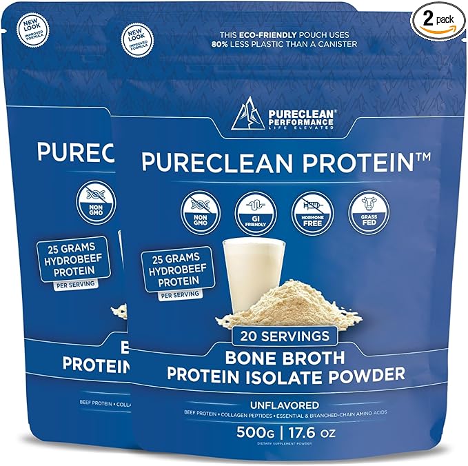 PureClean Protein 25G Organic Grass Fed Beef Bone Broth Protein from Swedish Cattle - Paleo, Keto-Friendly, Gluten-Free, Sugar-Free, Dairy-Free - Enhanced with Collagen Peptides - (40 Servings)