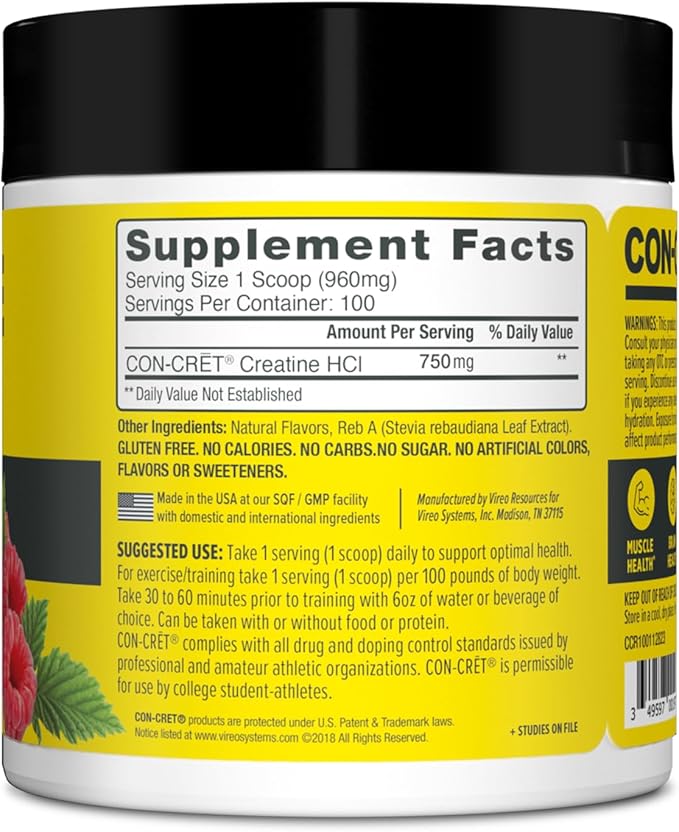CON-CRET Creatine HCl Powder | Muscle, Cognitive, Cellular Energy Support | No Bloating or Cramps | USA Made & NSF Certified | Raspberry (100 Serving)