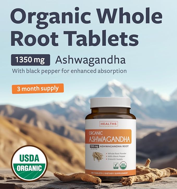 USDA Organic Ashwagandha Supplement - High Potency Ashwagandha Pills Made With Organic Black Pepper for Enhanced Absorption - Vegan Non-GMO Made in the USA & Lab Verified (3 Months Supply)