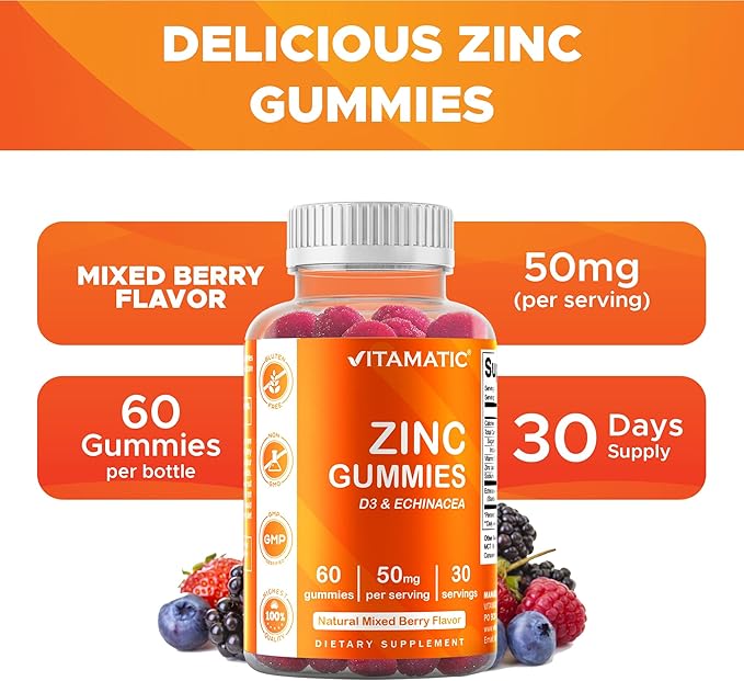 Vitamatic Zinc 50mg Gummies – 60 Vegan Gummies – Gluten-Free – 2 Pack