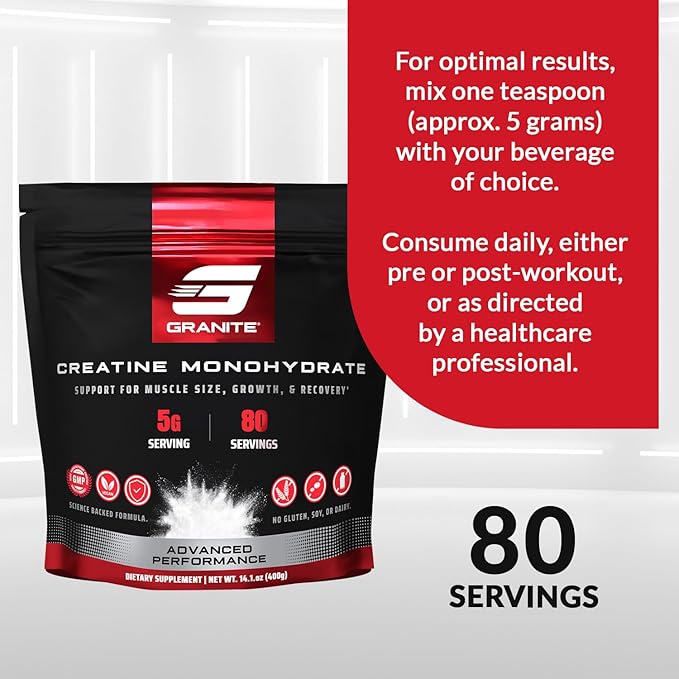 Granite Creatine Monohydrate, Supports Strength, Endurance, & Muscle Recovery, Creatine for Men & Women, Soy-Free, Dairy-Free, Gluten-Free (80 Servings)