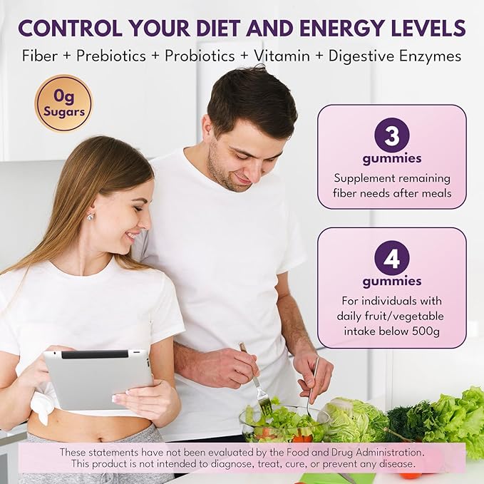 Fiber Gummies for Adults - Sugar Free Fiber Supplement 7g All in 1, Probiotic 60 Billion CFU & Prebiotic with Digestive Enzymes, Inulin, Psyllium, Vitamin, Support for Gut & Digestive Health, 90 Ct