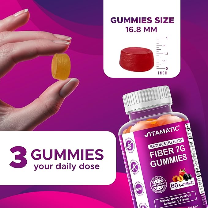 Vitamatic Prebiotic Fiber Gummies for Adults – 2 Pack (Total 120 Gummies) 7g Fiber per Serving | Extra Strength | Zero Sugar Added | Pectin-Based | Digestive Health & Regularity Support