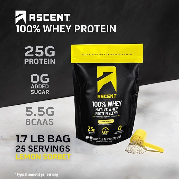 Ascent 100% Whey Protein Powder - Post Workout Whey Protein Isolate, Zero Artificial Flavors & Sweeteners, Gluten Free, 5.5g BCAA, 2.6g Leucine, Lemon Sorbet 1.7 lb