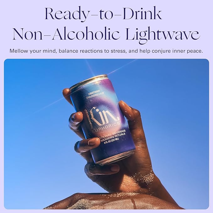 Kin Euphorics Lightwave Non-Alcoholic Functional Beverage | Calm the Mind & Mellow the Mood | Adaptogens, Nootropics, Reishi Mushroom & L-Theanine | 8 Fl Oz (24pk)