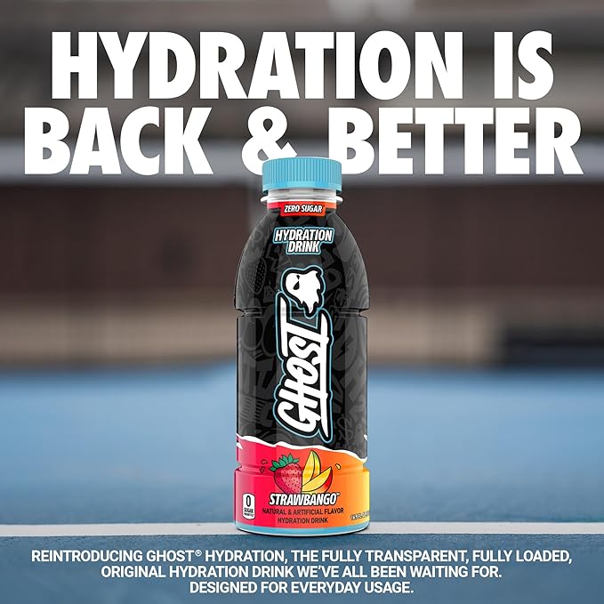 GHOST Hydration Drink, Strawbango - RTD Sports Drink with Electrolytes, Natural Vitamins & Minerals - All Day Lifestyle Hydration Beverage - Zero Caffeine & Zero Sugars - 16.9 Fl Oz, 12 Pack
