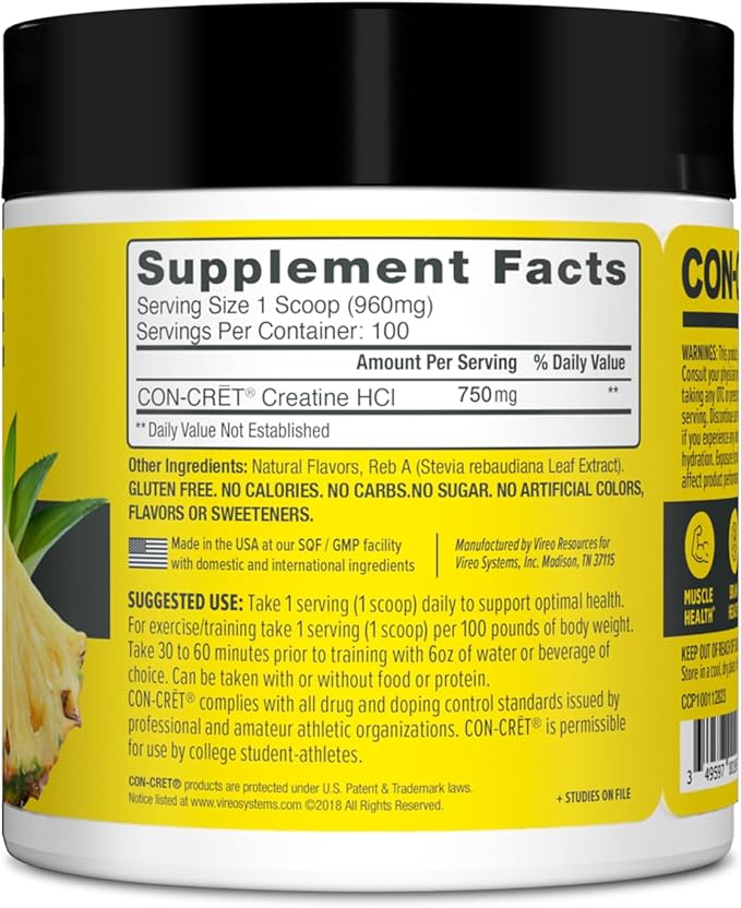 CON-CRET Creatine HCl Powder | Muscle, Cognitive, Cellular Energy Support | No Bloating or Cramps | USA Made & NSF Certified | Pineapple (100 Serving)