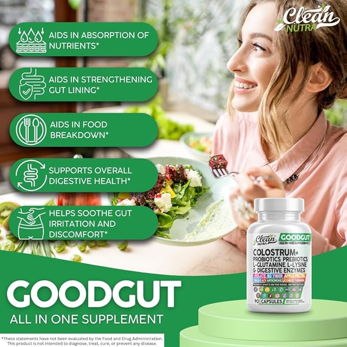 Clean Nutraceuticals Colostrum Supplement Capsules Probiotics Pills Prebiotics, L-Glutamine, Digestive Enzymes, Folate, Fiber, ACV, Turmeric, Apple Pectin and Turmeric Pills