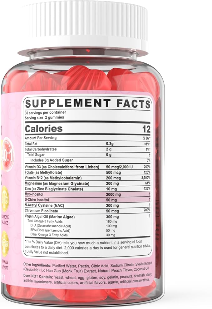 Myo-Inositol & D-Chiro Inositol Gummies Sugar Free, Ideal 40:1 Ratio Inositol Supplement for Women w/Vegan Omega-3, D3, Magnesium, Methyl Folate, B12, Inositol Multivitamin for Women's Overall Health