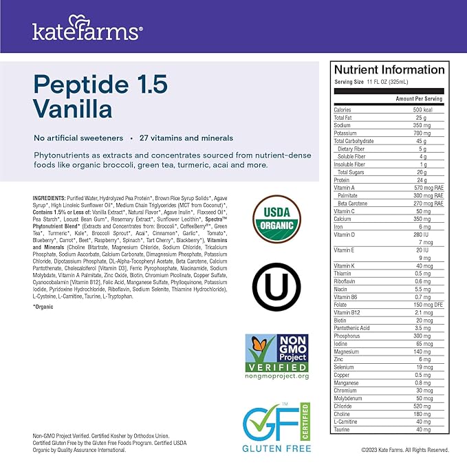KATE FARMS Organic Adult Peptide 1.5 Formula, Vanilla, Sole-Source, Hydrolyzed Plant-Based Nutrition for Oral or Tube Feeding, 11 Fl oz (12 Pack)