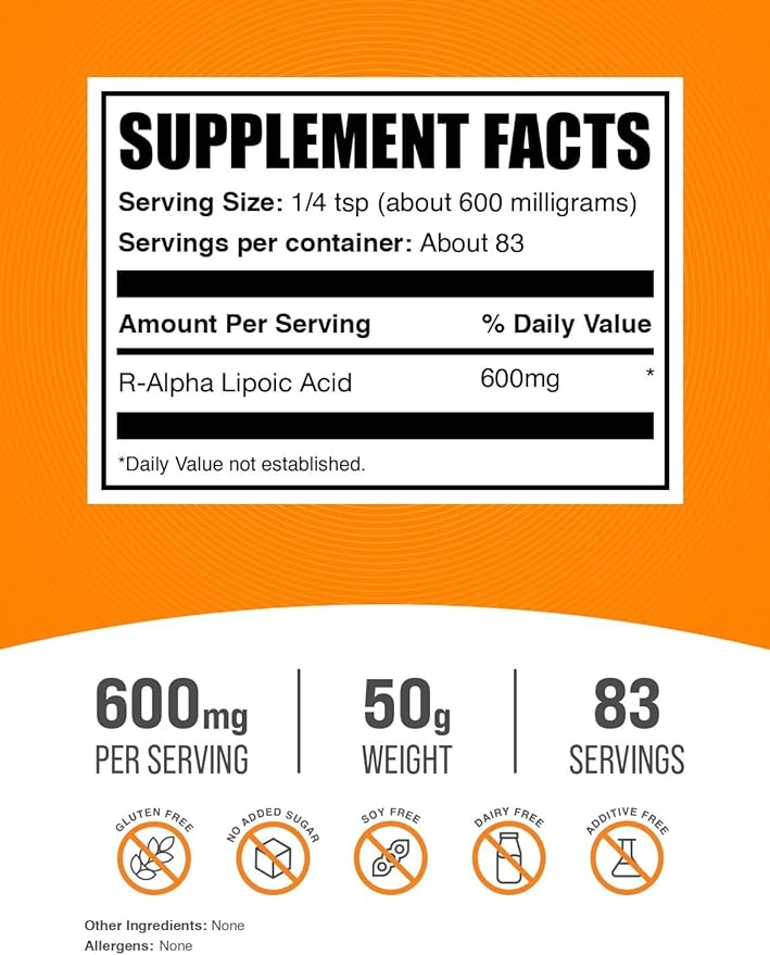 BulkSupplements.com R-Alpha Lipoic Acid Powder - R-ALA Supplement, R Alpha Lipoic Acid 600mg - Antioxidants Supplement, Gluten Free, 600mg per Serving, 50g (1.76 oz) (Pack of 1)