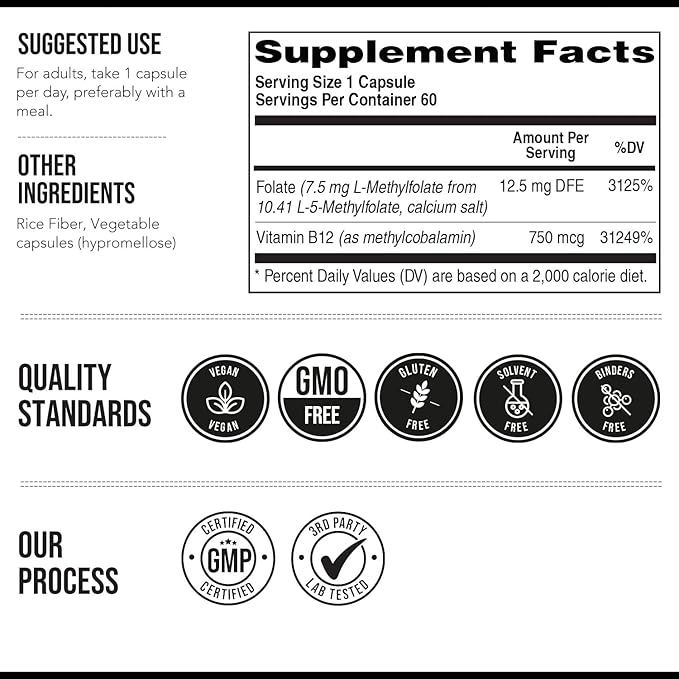 L Methylfolate 7.5mg plus Methyl B12 - Active 5-MTHF Form, MTHFR Supplement - Bloodstream Ready Methylated Folate + B12 Cofactor - Supports Mood, Homocysteine Methylation, Cognition (60 Capsules)