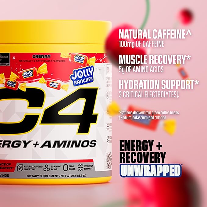 Cellucor C4 Energy + Aminos Powder | Jolly Rancher Cherry | 5g BCAAs & EAAs for Muscle Recovery, 3 Electrolytes for Hydration, 100mg Natural Caffeine | Pre Workout | Zero Sugar, 30 Servings