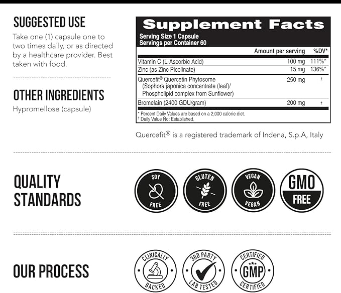 Quercetin Complete® Quercetin Phytosome with 50X Higher Absorption, Clinically Proven & Patented Quercefit – Most Effective Form of Quercetin – Enhanced with Bromelain, Zinc & Vitamin C (60 Capsules)