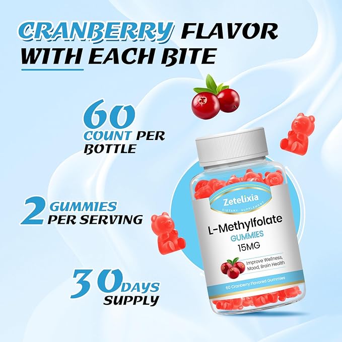 L-Methylfolate 15mg & Methyl B12 Gummies, Folate Supplement for Brain Health, Mood & Immunity, DNA Synthesis & Repair, Sugar Free, Vegan, Cranberry Flavor, 60 Count