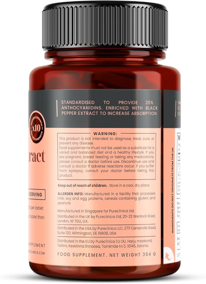 pureclinica Bilberry Extract 10,000mg x 180 Tablets (6 Months Supply)- 10X More anthocyanidin Plus 5mg Black Pepper per Tablet