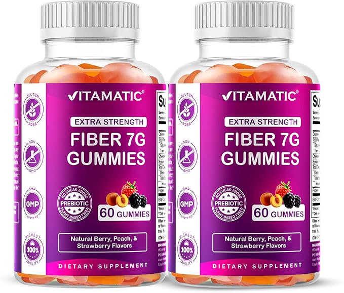 Vitamatic Prebiotic Fiber Gummies for Adults – 2 Pack (Total 120 Gummies) 7g Fiber per Serving | Extra Strength | Zero Sugar Added | Pectin-Based | Digestive Health & Regularity Support