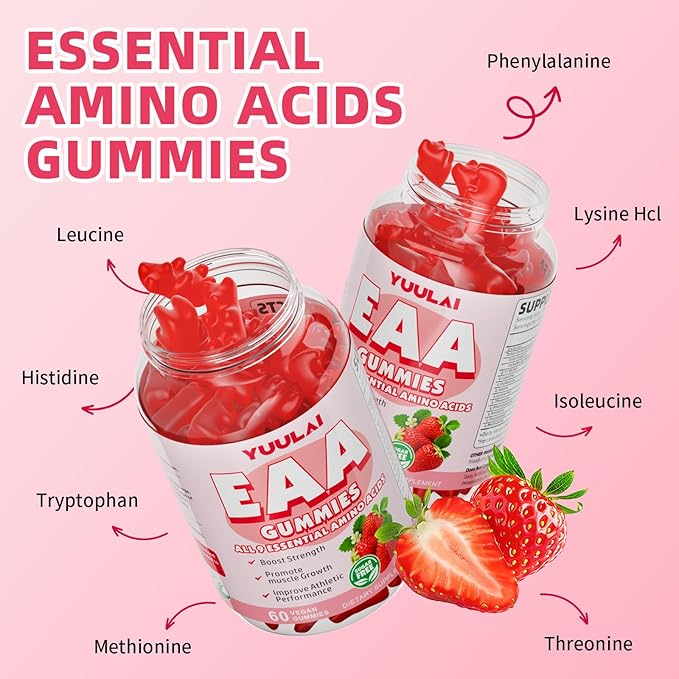EAA Gummies Essential Amino Acids - All 9 Essential Aminos (EAA) and All Branched-Chain Aminos (BCAAs) for Muscle Recovery, Energy Support, Strawberry Flavor, 60 Count