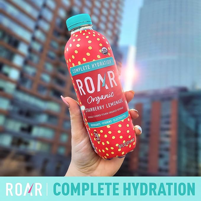 ROAR Complete Hydration Organic - Electrolyte Drinks Loaded with Vitamins C, B5, B12 - Non-GMO, Gluten-Free - Strawberry Lemonade - 12 pc