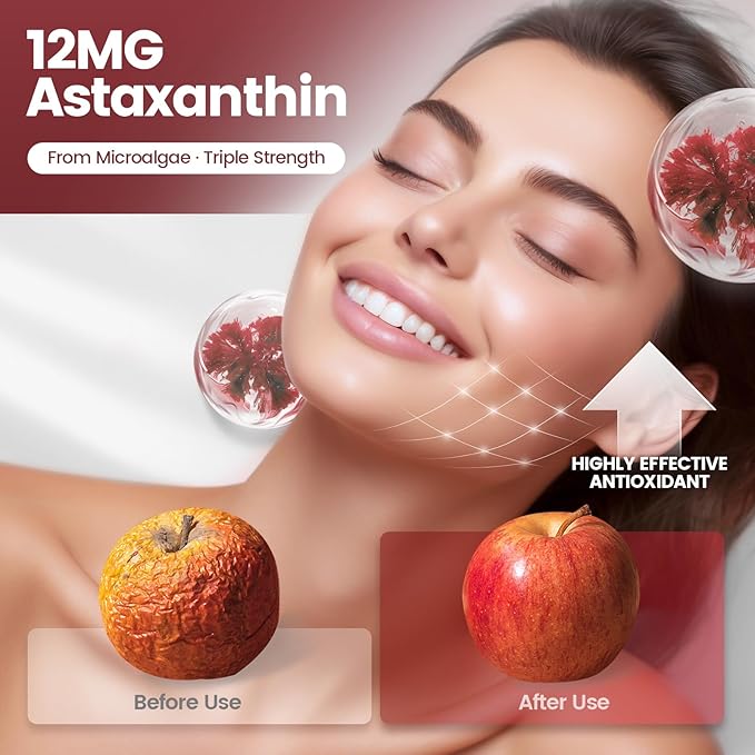 Astaxanthin 12mg, 240 Softgels, Fresh Haematococcus Pluvialis 10 in 1 Astaxanthin Antioxidant Supplements, Contains Lycopene, Grape Seed, Vitamin E, & More Supports Eye, Joints, Skin Health, 1 Bag
