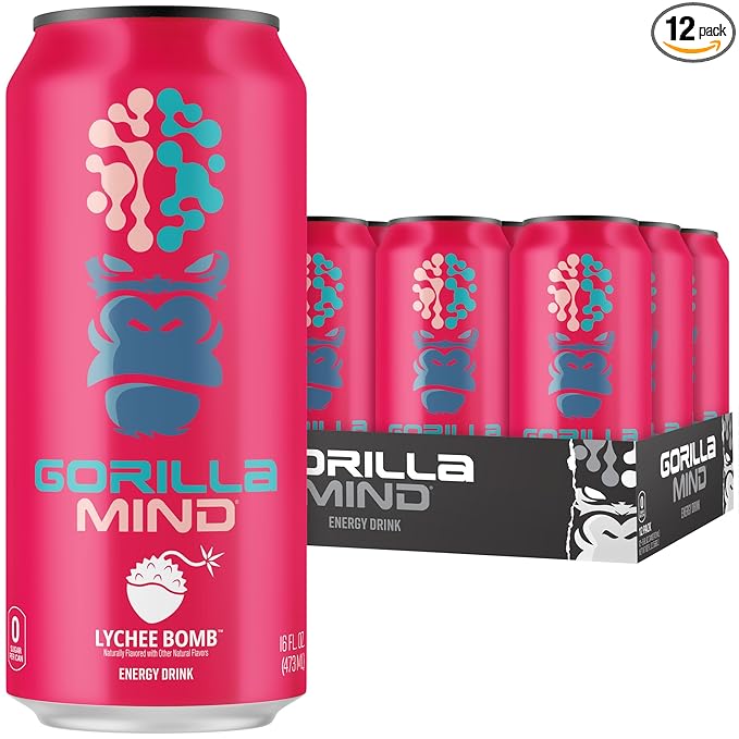 Gorilla Mind Energy Drink | Unmatched Energy · Amplified Focus | N-Acetyl-L-Tyrosine, Alpha-GPC, 200mg Caffeine, Uridine, Saffron | 0 Sugar Or Artificial Colors | 16oz, 12-Pack (Lychee Bomb)
