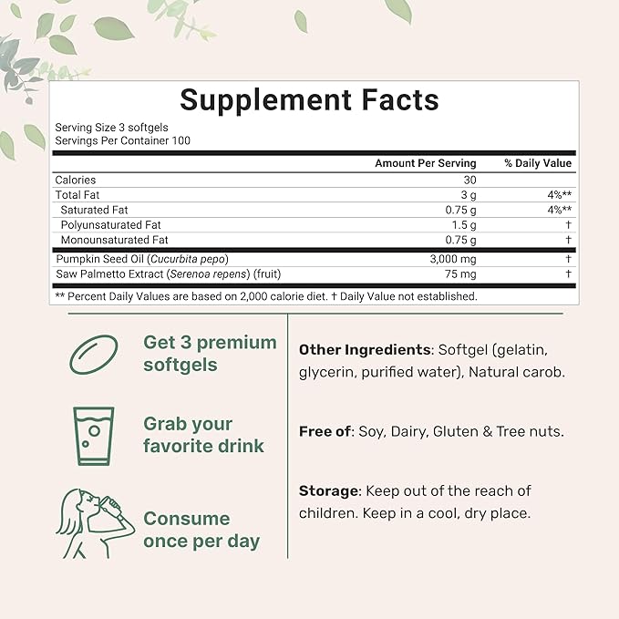 Pumpkin Seed Oil with Saw Palmetto, 3000mg Per Serving, 300 Softgels | Cold Pressed, Pure Virgin Oil, Essential Fatty Acids & Phytosterols | Supports Hair, Urinary, Bladder & Prostate Health | Non-GMO