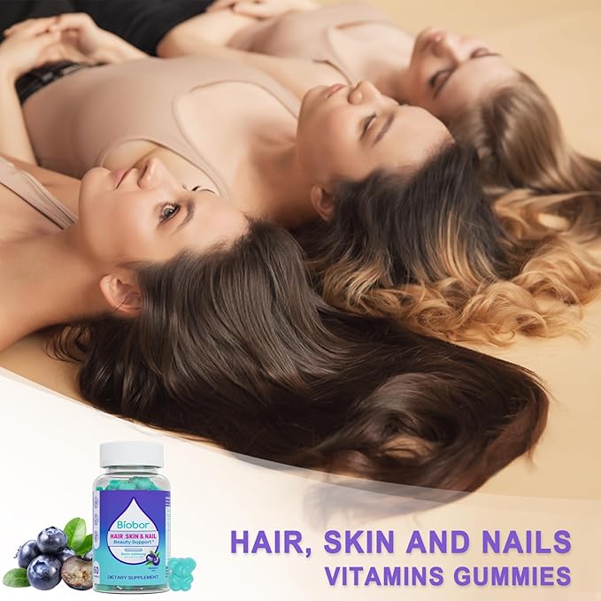 Hair Skin and Nails Vitamins Gummies,5200 mcg Biotin Vegan Chewable Supplement for Women Men with Vitamins A C D E, Blueberry Flavored, 60 Count (Random Packing)