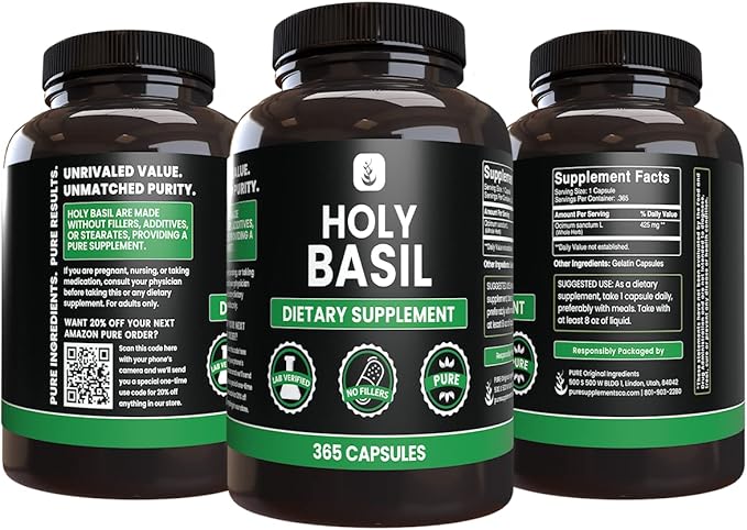 PURE ORIGINAL INGREDIENTS Holy Basil (365 Capsules) No Magnesium Or Rice Fillers, Always Pure, Lab Verified