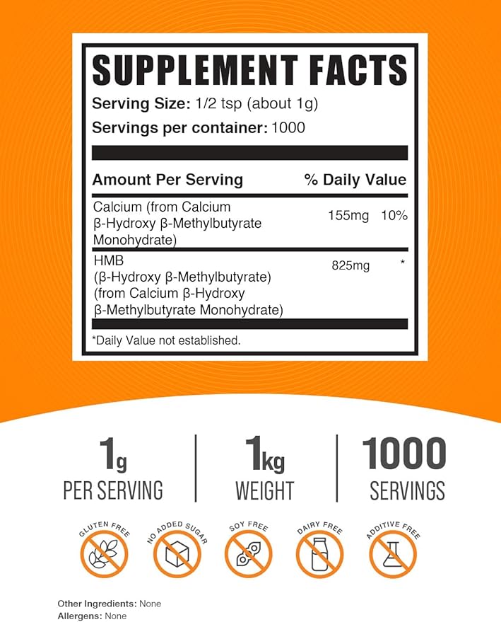 BulkSupplements.com HMB Powder - as Calcium HMB, Beta-Hydroxy Beta-Methylbutyrate - HMB Powder Supplements, Gluten Free - 1g per Serving, 1kg (2.2 lbs) (Pack of 1)