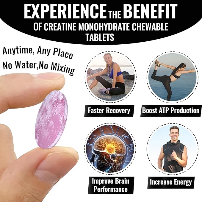 Creatine Chews Tablets for Men & Women, Creatine Monohydrate, 99% Absorption with Liposomal & Micronized, 60 Servings