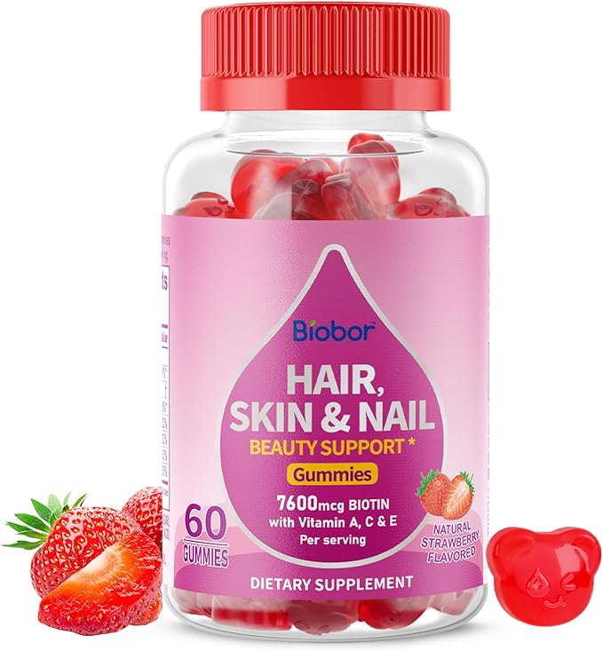 Natural Hair Skin and Nails Vitamins Gummies, 7600mcg Biotin Gummies for Women Men Beauty Support, Non-GMO, Gluten Free (Strawberry Flavor, 60 Count)