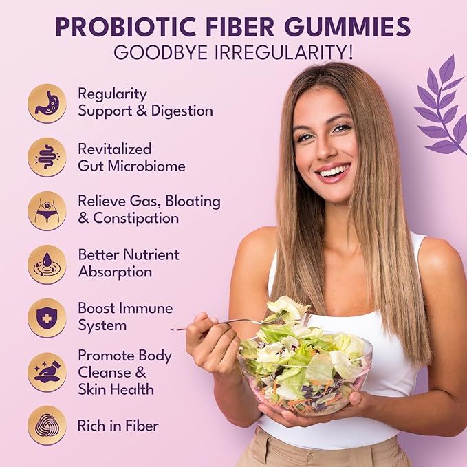 Fiber Gummies for Adults - Sugar Free Fiber Supplement 7g All in 1, Probiotic 60 Billion CFU & Prebiotic with Digestive Enzymes, Inulin, Psyllium, Vitamin, Support for Gut & Digestive Health, 90 Ct
