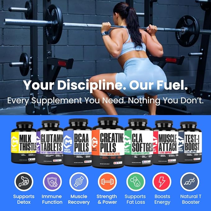 Crazy Muscle Creatine Monohydrate Pills, Premium 3 Type 5g Creatine Pills, Pre and PostWorkout & Keto Energy Builder, Easy to Take Three-Atine for Optimum Performance Men Women, 180 Tablets