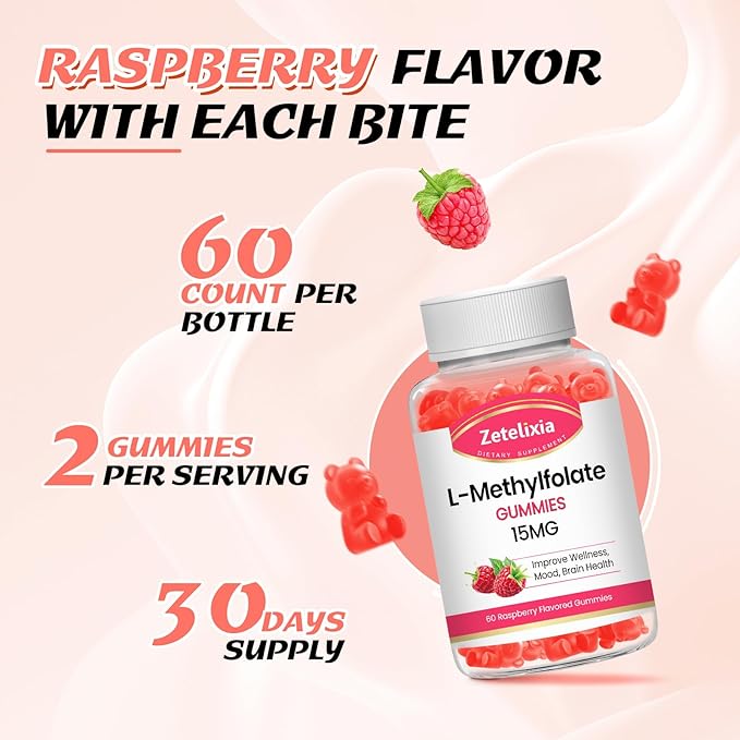 L-Methylfolate 15mg & Methyl B12 Gummies, Folate Supplement for Brain Health, Mood & Immunity, DNA Synthesis & Repair, Sugar Free, Vegan, Raspberry Flavor, 60 Count