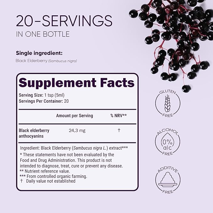 Organic Elderberry Syrup USDA Certified 3.4 fl oz Bottle Liquid Sambucus Elderberry Immune Support Supplement for Kids and Adults Alcohol-Free European Origin Elderberries Extract High Bioavailability