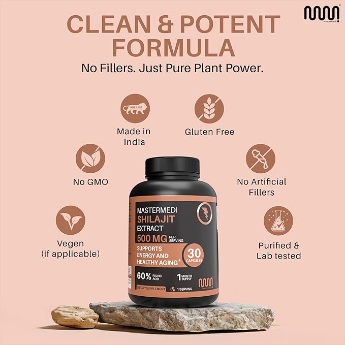 MasterMedi Shilajit 500mg – Pure Himalayan Extract Standardized to Fulvic Acid – Energy, Stamina & Vitality Support – 30 Vegan Capsules – Non-GMO, Gluten-Free, No Fillers, Made in India