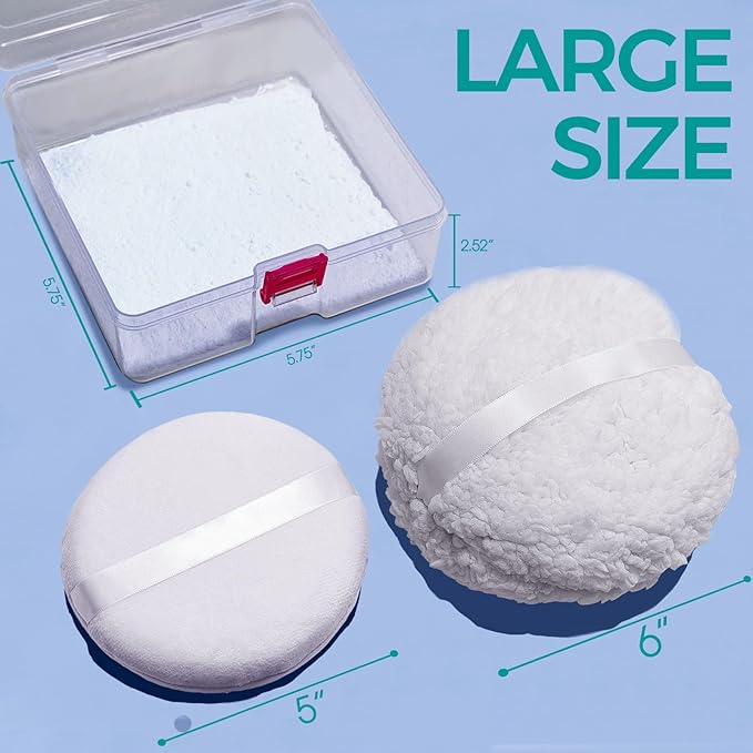 2pcs Powder Puffs, 6'' Powder Puff for Body and 5'' Dusting Powder Puff and Container, Extra Large, Fluffy Soft, Reusable&Washable