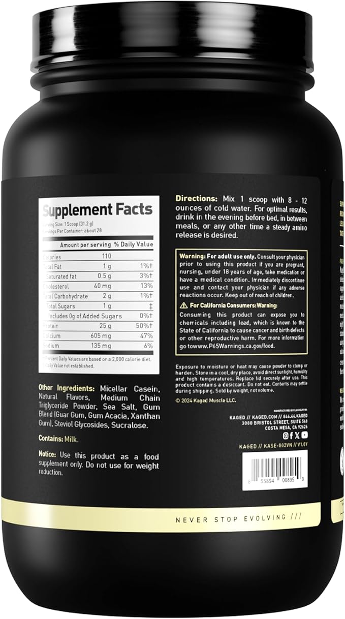 Kaged Premium Casein Protein Powder Vanilla Micellar Casein Banned-Substance Free Supplement Build Muscle and Recover Faster Kasein 27 Servings