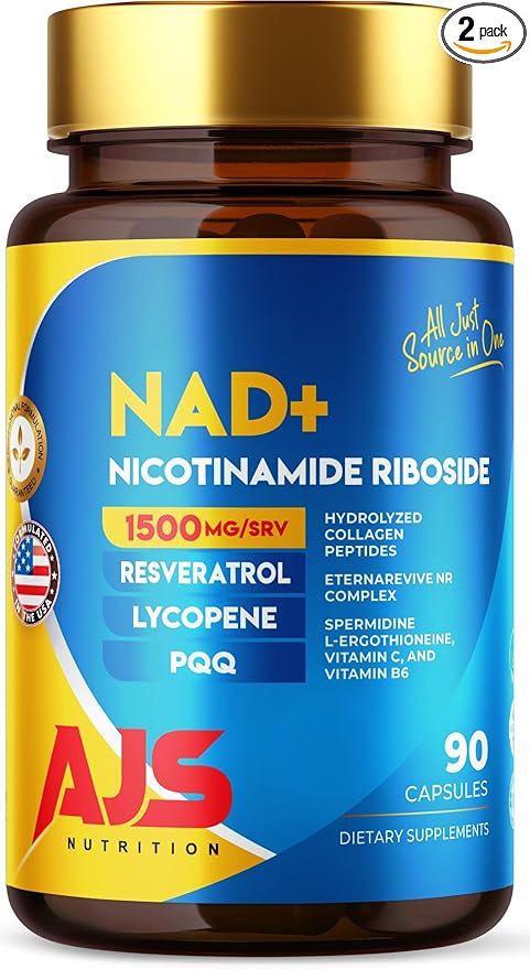 AJS NAD+ Cellular Energy – NR Supplement with PQQ, Resveratrol, Lycopene, Spermidine, L-Ergothioneine, and Collagen Peptides – 90 Capsules for Cellular Support (90Count (Pack of 2)