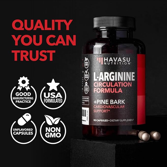 L-Arginine 1800mg and Pine Bark Extract 100mg - Nitric Oxide Supplement for Men - Performance Supplement for Men's Health - 90 Count - Endurance, Recovery Support - Vegan, Non-GMO Capsules