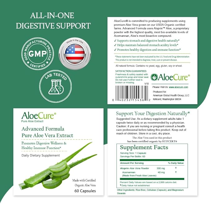 AloeCure Organic Aloe Vera Capsules, 160,000mg Inner Aloe Leaf Equivalent per Serving, Support Gut, Digestive, & Immune Health, Helps Maintain Balanced Stomach Acidity, Aloin Free, 60Caps x 2Btl