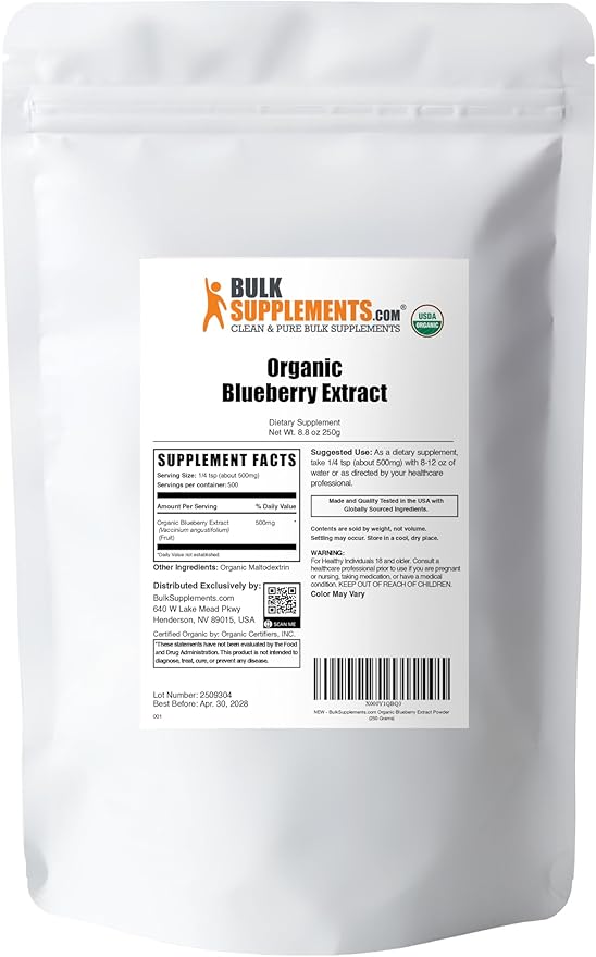 BulkSupplements.com Organic Blueberry Extract Powder - Blueberry Extract Supplement, Antioxidant Support - Vegan & Gluten Free, 500mg per Serving, 250g (8.8 oz) (Pack of 1)